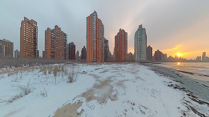 Snowy beachfront with high-rise buildings at sunrise