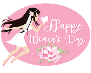 Mother's day greeting card with cute girl and pink flower