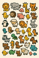 Fototapeta premium A collection of cute cartoon animals in a variety of poses