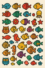A colorful collection of cartoon fish, birds, and sea creatures in retro style 