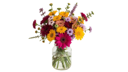 A vibrant bouquet of assorted flowers in a clear jar, showcasing bright colors and a mix of blooms.