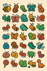 A variety of cute cartoon insects in different colors and poses
