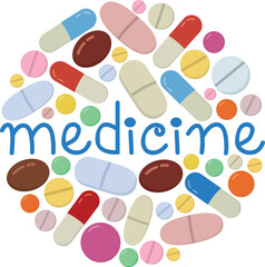 Round composition with colorful capsules, pills and inscription. Set of different types of medicine  isolated on white