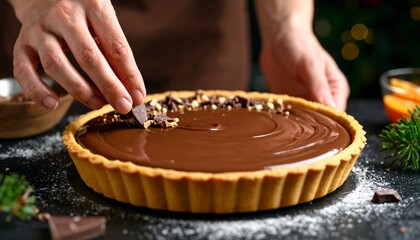 Pastry Chef Decorating Chocolate Tart with Hazelnuts