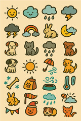 Cartoon weather icons and animals in a playful illustration