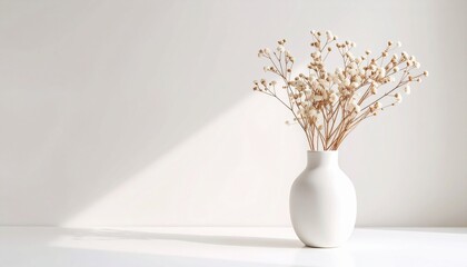 Mockup de un jarrón blanco sobre fondo neutro, iluminación suave, estilo minimalista, espacio en blanco para diseño personalizado