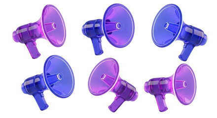 3D rendered transparent megaphones in various orientations against a white background suitable for advertising and announcing concepts
