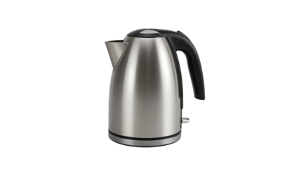 Shiny stainless steel electric kettle on a white background, perfect for modern kitchens.