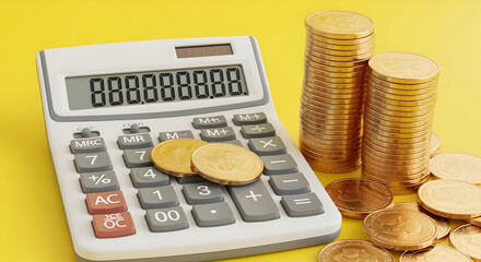 Calculator with Repeating Eights Display and Gold Coins Stacked on Yellow Background Presenting Financial Wealth and