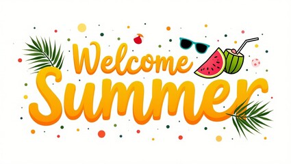 Vector Illustration of Summer Greeting with Fruits and Beach Icons