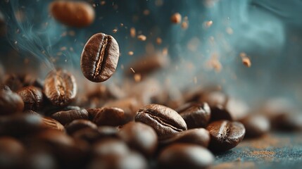 Obraz premium Freshly roasted coffee beans in mid air with smoke and dust particles rising in a cozy setting