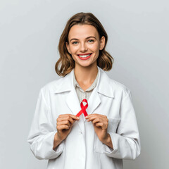 Smiling Woman with Pink Ribbon – Breast Cancer Awareness and Women’s Health Campaign