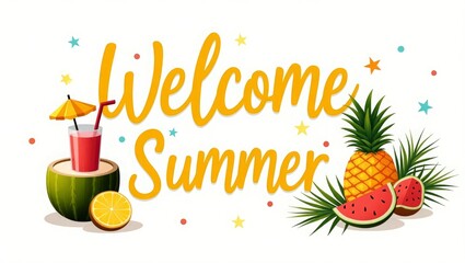 Vector Illustration of Summer Greeting with Fruits and Beach Icons