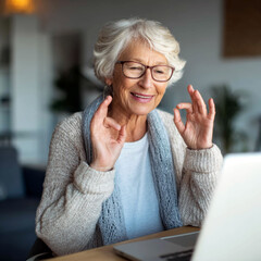 Elderly Woman Waving During Video Call – Digital Inclusion and Emotional Connection