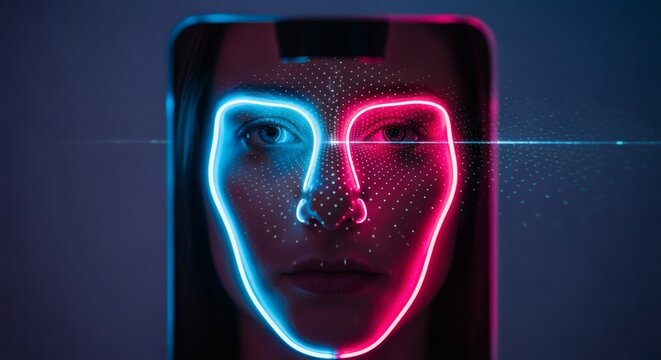 Close-up of a person's face, illuminated by neon lights, undergoing facial recognition technology.