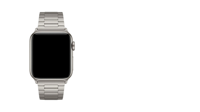 Silver metallic smartwatch with a sleek design and a blank screen, showcasing a modern aesthetic. - Powered by Adobe
