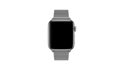 A sleek smartwatch with a modern design, featuring a gray mesh band and a minimalist touch screen, perfect for daily use.
