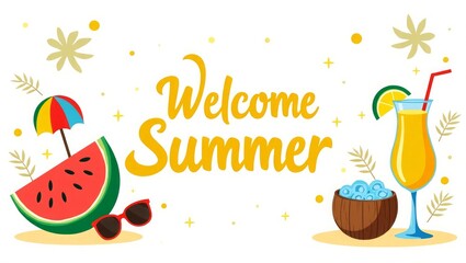 Summer Greeting Banner with Tropical Fruits and Beach Elements