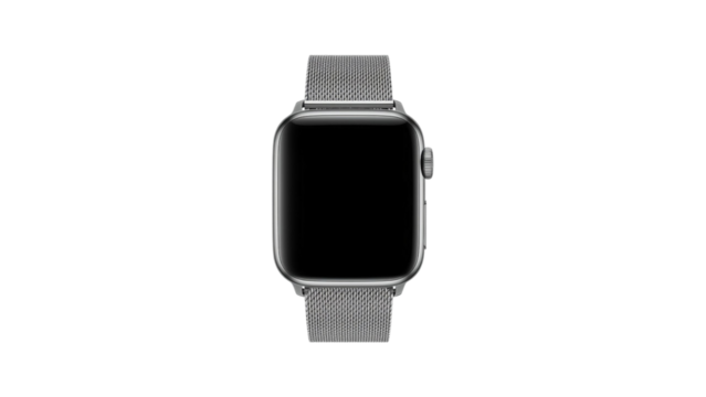 A sleek smartwatch with a modern design, featuring a gray mesh band and a minimalist touch screen, perfect for daily use.