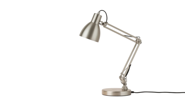 A sleek, metallic desk lamp with an adjustable arm, casting a warm glow on a minimalist workspace.