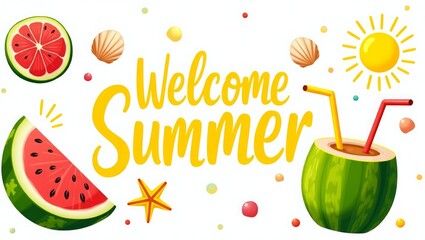 Summer Greeting Banner with Tropical Fruits and Beach Elements