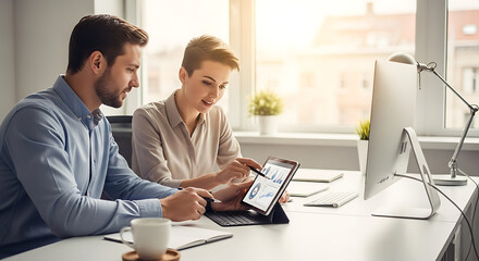Two colleagues collaborating on a tablet, reviewing data charts in a modern office setting.