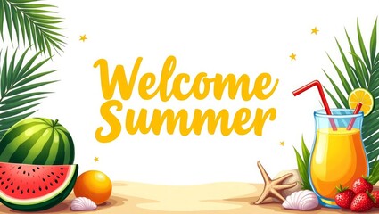 Summer Greeting Banner with Tropical Fruits and Beach Elements