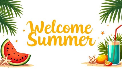 Summer Greeting Banner with Tropical Fruits and Beach Elements
