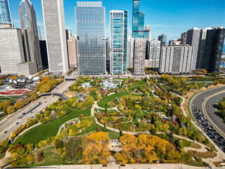 Chicago cityscape skyline architecture. Skyscraper and landscape. Chicago cityscape. Chicago downtown city park and skyline. Autumn city park landscape. Cityscape with fall city park. Chicago skyline
