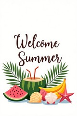 Summer Greeting Banner with Tropical Fruits and Beach Elements