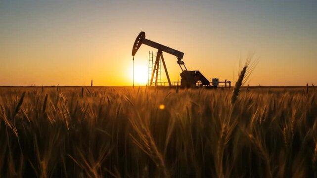 Oil pump jack operating in golden sunset over wheat field with warm lighting and peaceful atmosphere