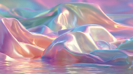 Flowing iridescent fabric waves in pastel colors, surreal lighting, glowing reflections, soft textures, ambient atmosphere