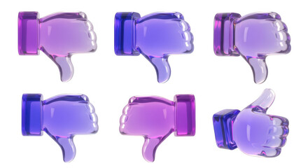3D glass thumbs-down and thumbs-up icons display social media feedback and reactions on a white background for user interface designs