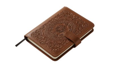 Elegant brown leather notebook with intricate embossed floral design, perfect for journaling or note-taking.