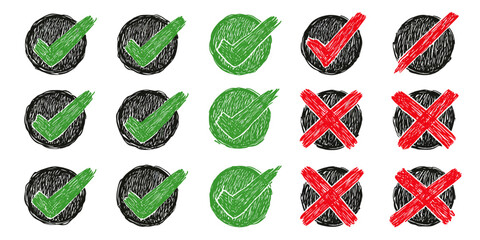 Hand-drawn Check Marks and Crosses in Scribbled Circles