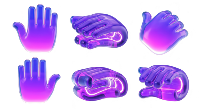 Animated glowing hand models demonstrating gestures actions and movements on a pure white backdrop suitable for graphic design and illustration use
