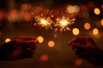 hands holding golden sparklers against dark background with glittering bokeh lights, warm festive tones, no text.