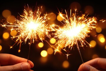 hands holding golden sparklers against dark background with glittering bokeh lights, warm festive tones, no text.