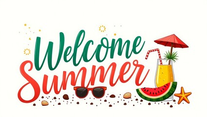 Tropical Summer Welcome Banner with Watermelon and Coconut Drink