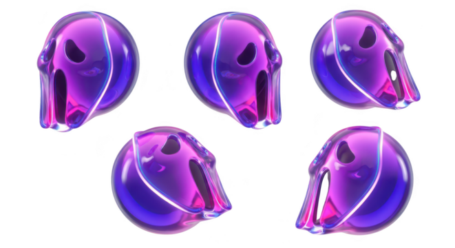 3D rendered purple transparent skulls float against a white backdrop with neon light reflections; ideal for eerie abstract or Halloween themes