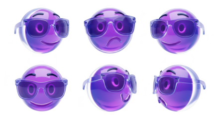 Six emoji balls in different expressions wearing sunglasses on a white background Ideal for social media messaging and graphic design