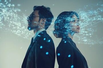 A man and woman in business attire stand side by side, overlaid with a digital data stream, symbolizing technological advancement and partnership.