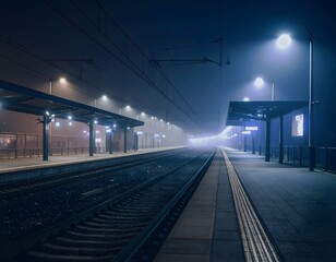 Naklejka premium A foggy and lonely railway platform at night.