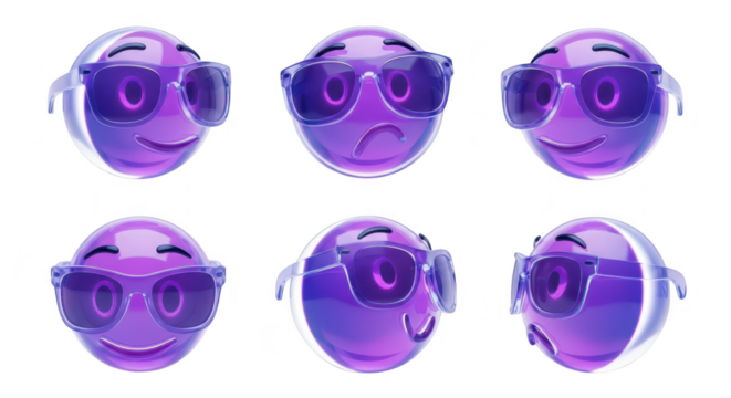 Six emoji balls in different expressions wearing sunglasses on a white background Ideal for social media messaging and graphic design