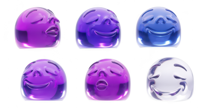 Colorful gelatinous face sculptures expressing various emotions isolated on white used in design or visual communication