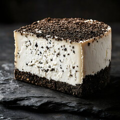 Elegantly textured cheese with a black pepper crust displayed on a dark slate background