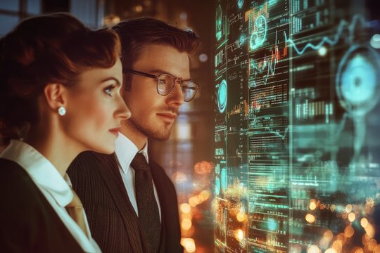 A vintage couple analyzes futuristic data projected on a large screen, showcasing advanced technology.