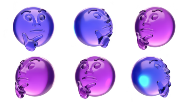 Colorful 3D emoji characters pondering questions against a white background suitable for design elements
