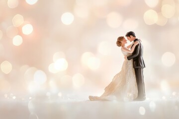 Romantic wedding couple figurines embracing against a bokeh background, symbolizing love and commitment.