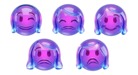 3D-rendered purple emoji characters displaying different emotional expressions against a white background suitable for digital communication
